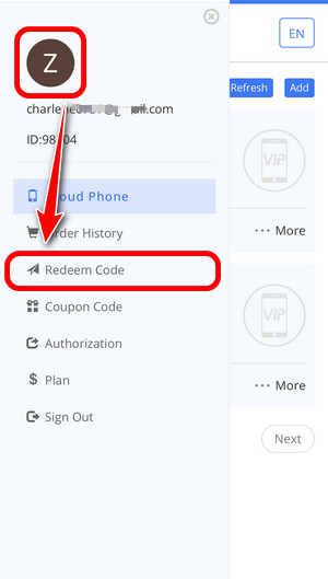 how to use redeem code to exchange time on Redfinger cloud phone