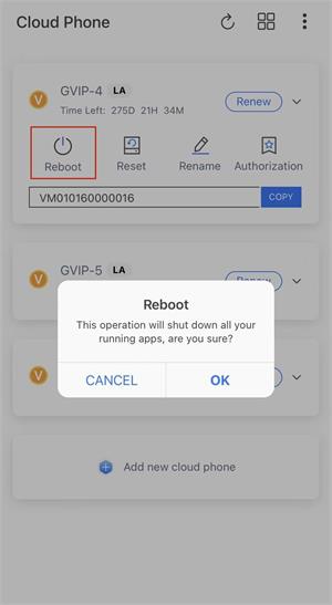 reboot redfinger cloud phone