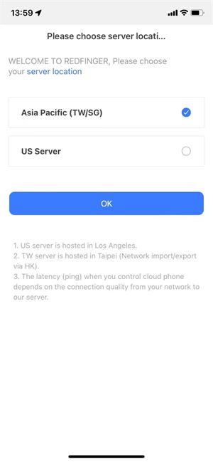 choose your server location, redfinger cloud phone
